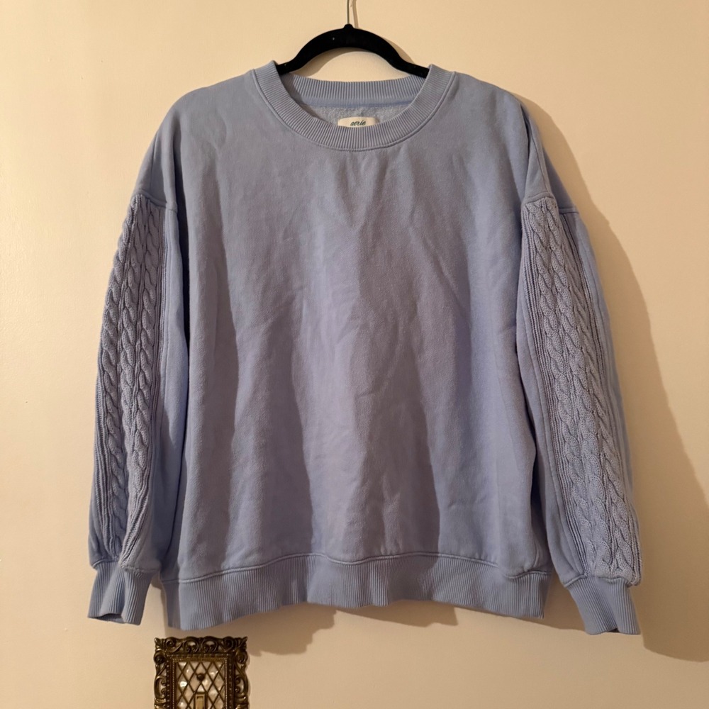 Aerie Blue Cable Knit Sleeve Crewneck Sweatshirt Periwinkle Cotton Blend Small